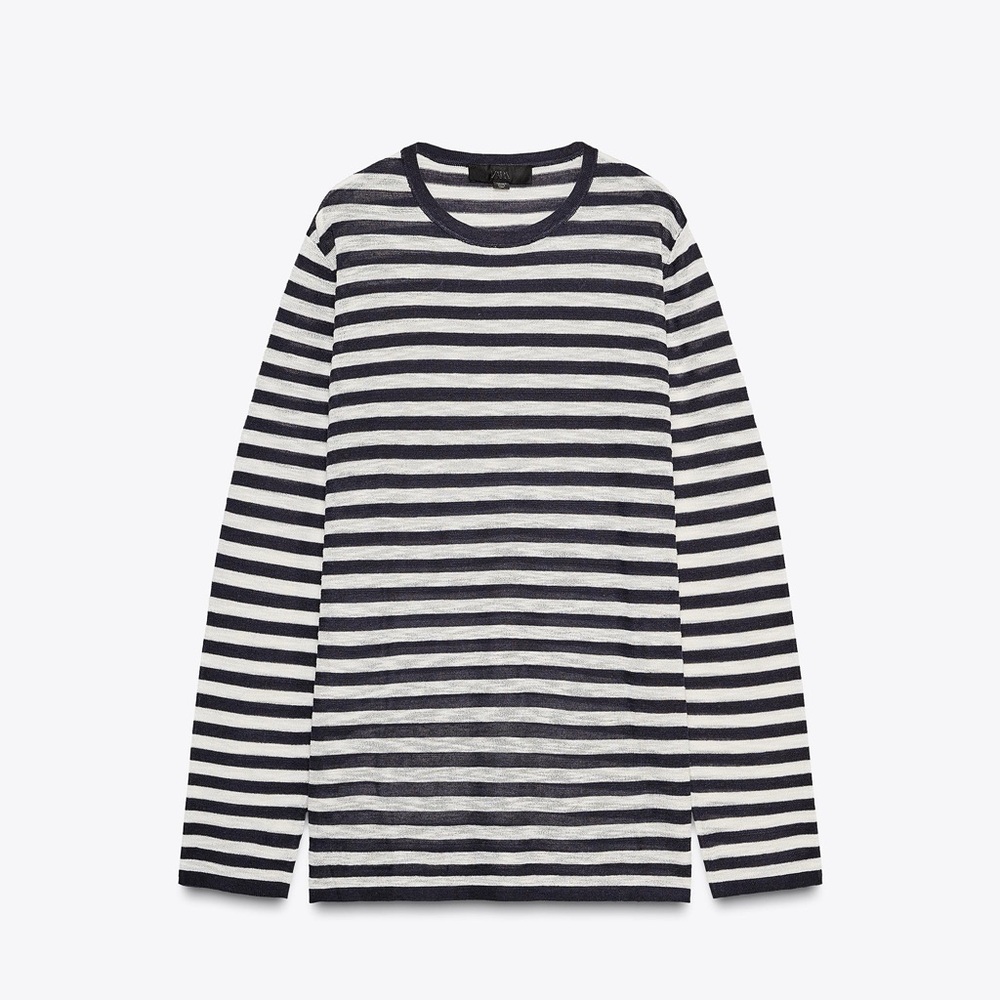 ZARA STRIPED FINE KNIT SWEATER NAVY AND WHITE STRIPED SMALL